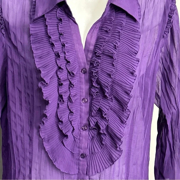 Women's Large Sheer Purple Ruffle Button Blouse Pleat Whimsigoth Whitchy Grunge - Picture 1 of 14